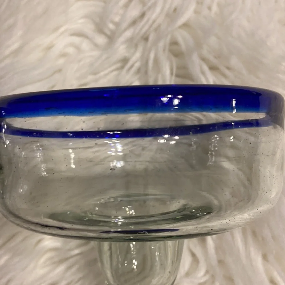 Set Of Two Margarita Glasses Hand Blown Mexican Glass Barware Blue Rim And Base